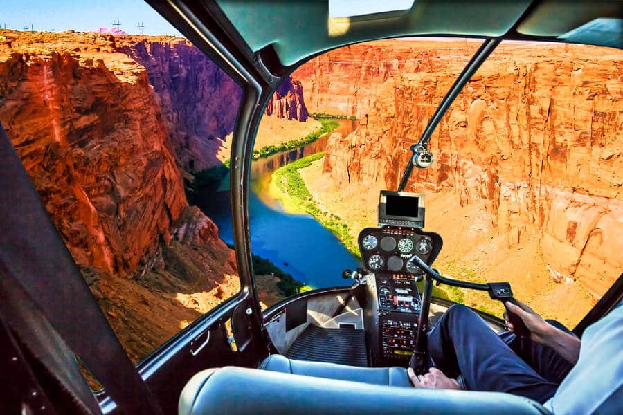 View inside a helicopter ride of the scenic Grand Canyon Lake Powell