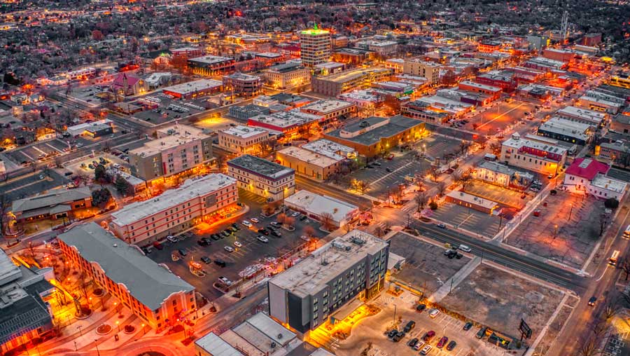Aerial view of Grand Junction at night during Christmas season