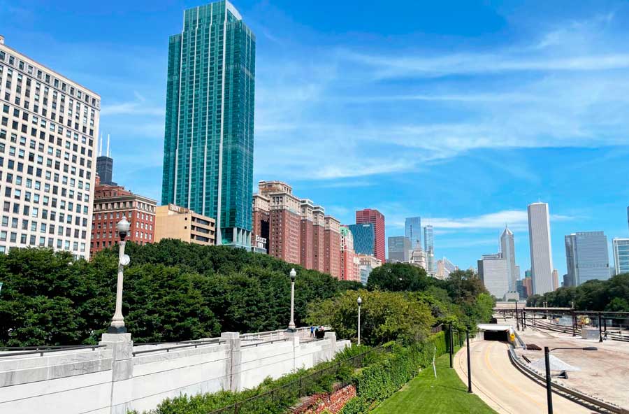 View of buildings under the clear blue sky