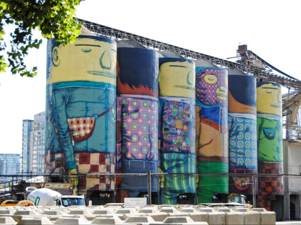 View of the colorful industrial cylinders at Granville Island