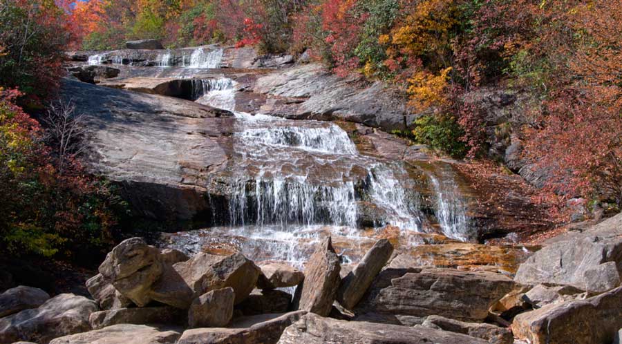 View of the colorful fall foliage around the Graveyard Fields Lower Falls