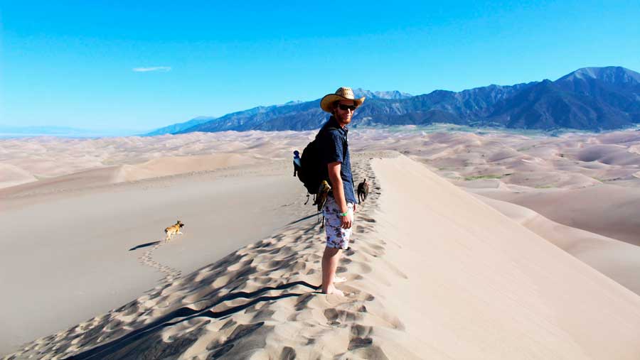 The author's husband with their dogs in Grand Sand Dunes National Park