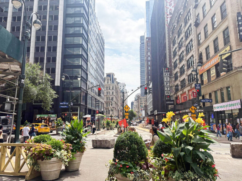 View of streets and buildings from Greeley Square Park