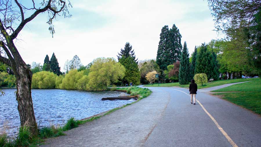 A man walking on a trail in Green Lake