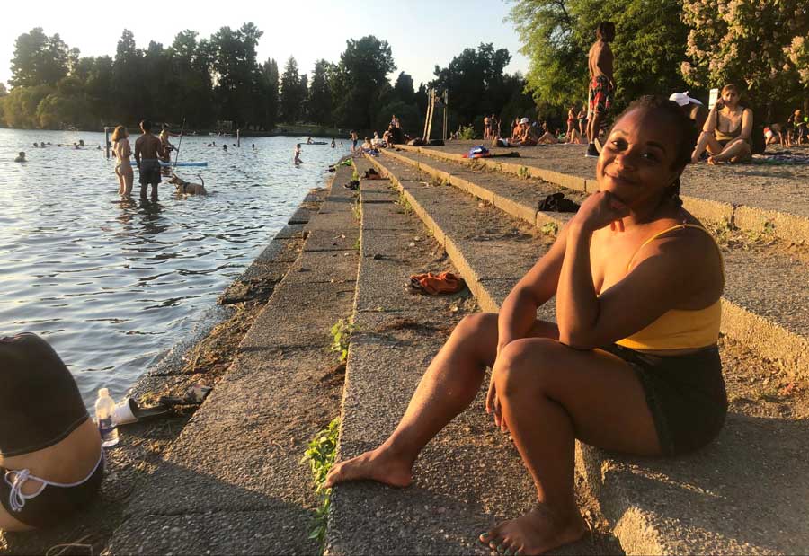 The author relaxing by the lake on Green Lake Park