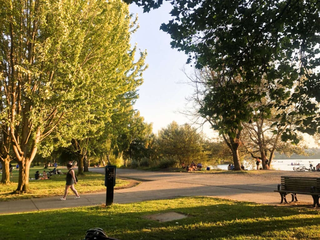 View of the people chilling at the Green Lake Park during sunset