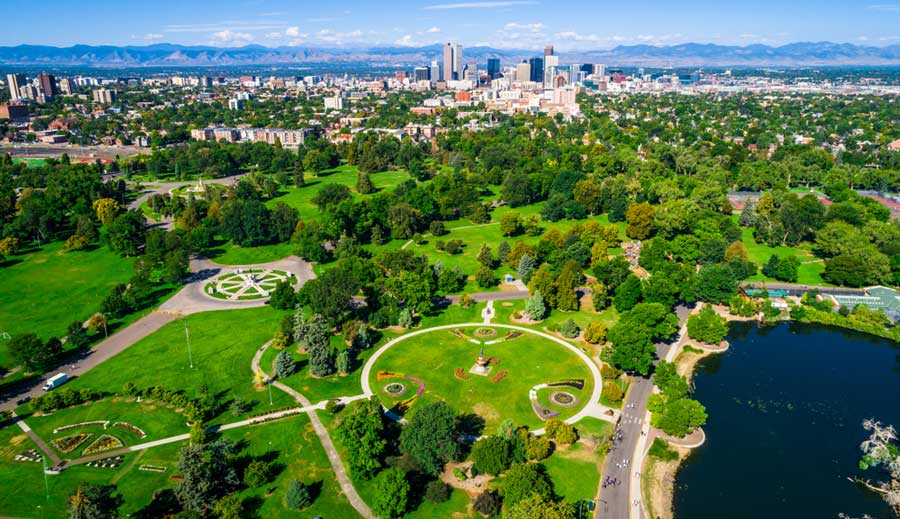 Aerial view of the green space city park in Denver