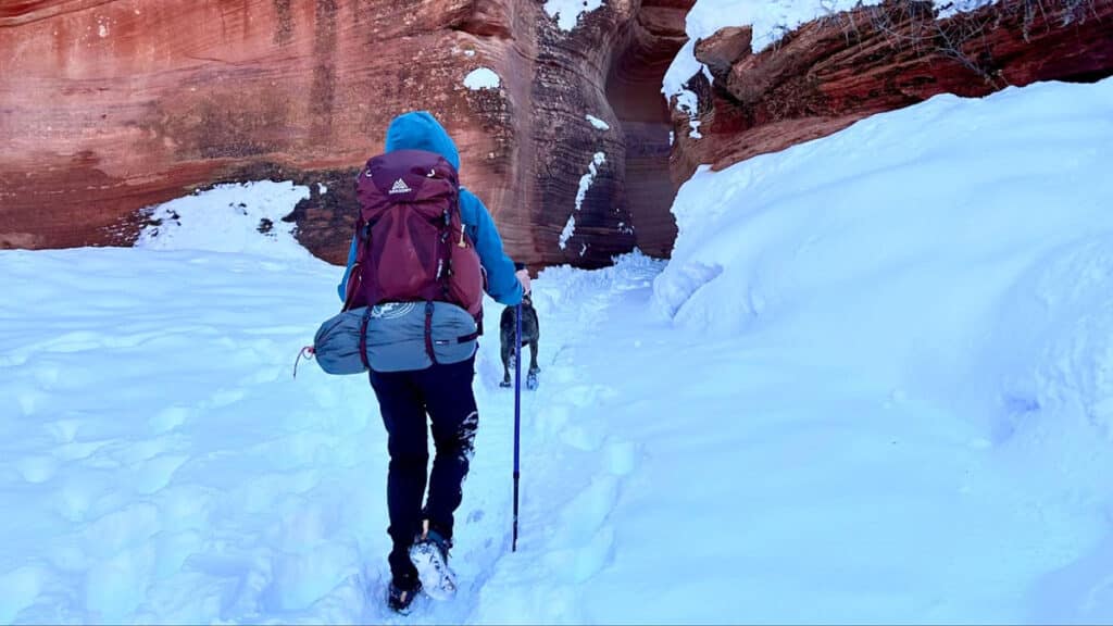 View of a woman with a Gregory Maven backpack and her dog during a hike