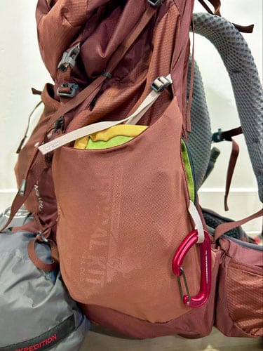 Close up view of side pocket of the Gregory Maven backpack