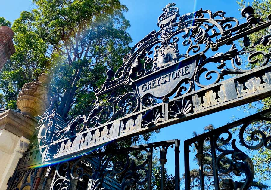 The gate at the entrance to the Greystone Mansion