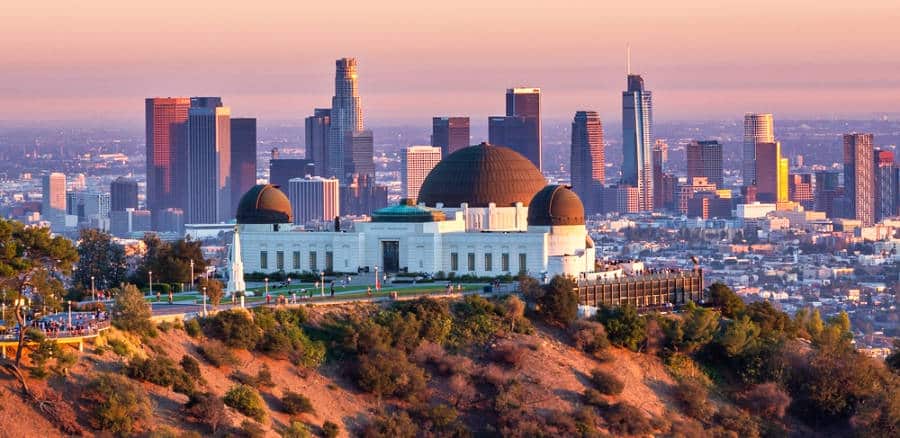 Aerial view of The Griffith Observatory Park and city skyline in Los Angeles, California