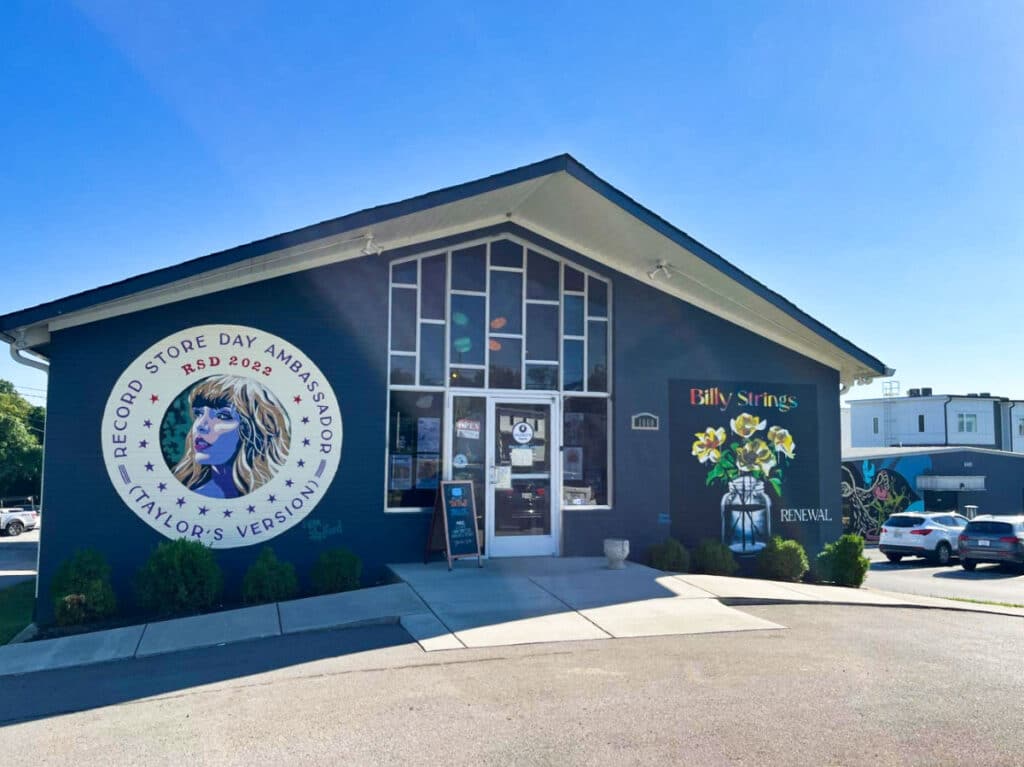 View of the beautiful murals on the exterior of Grimey’s New and Preloved Music in East Nashville
