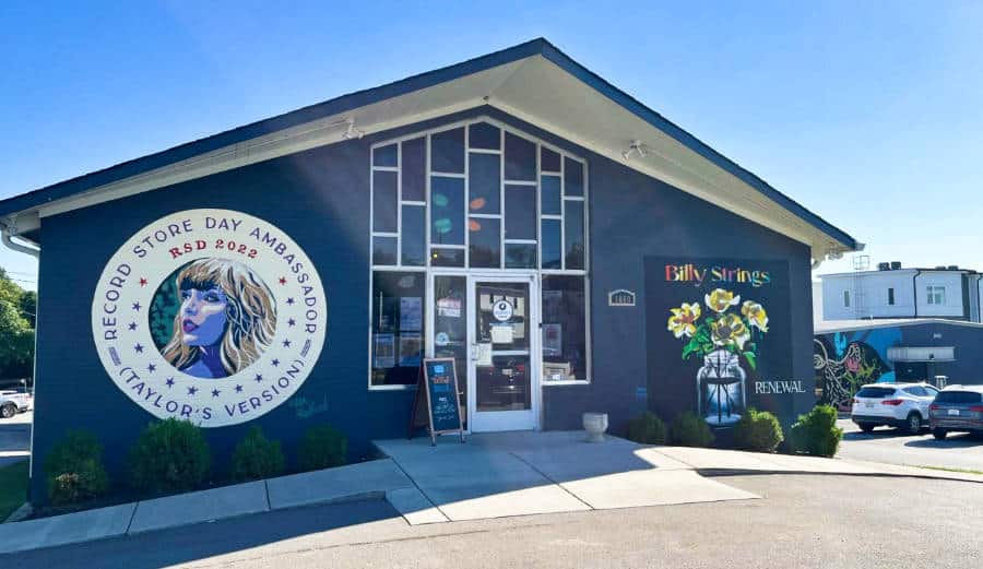View of the beautiful murals on the exterior of Grimey’s New and Preloved Music in East Nashville