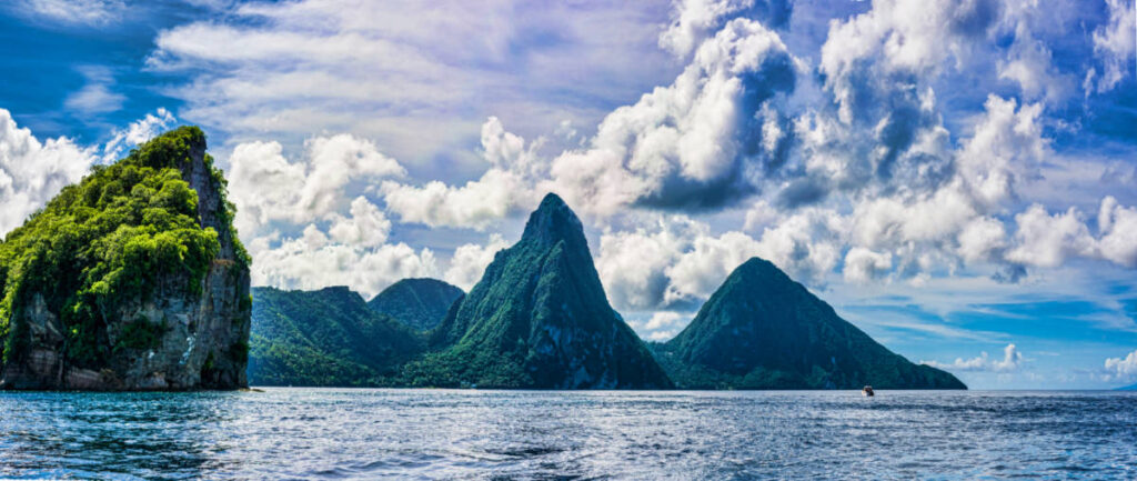 Panoramic view of the Gros Piton mountains and the sea of St. Lucia