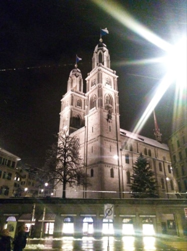 Exterior view of Grossmünster church at night