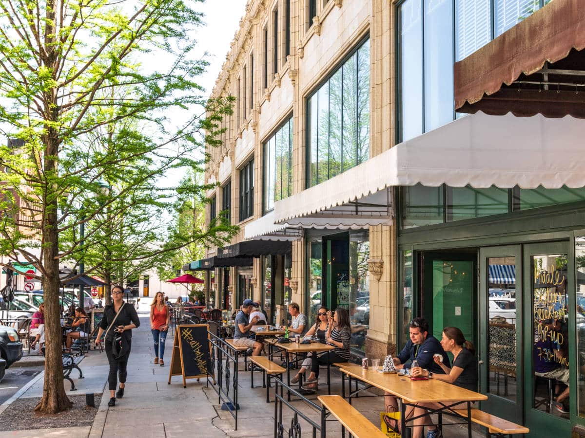 People dining at the Grove Arcade in Downtown Asheville