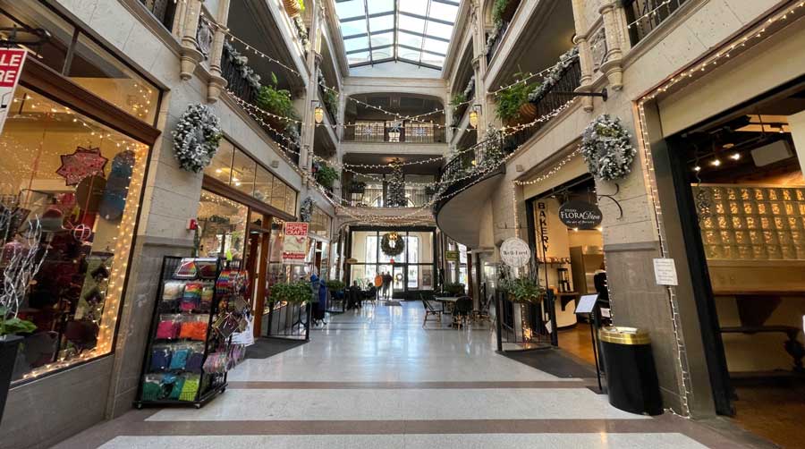 View of shops inside the Grove Arcade