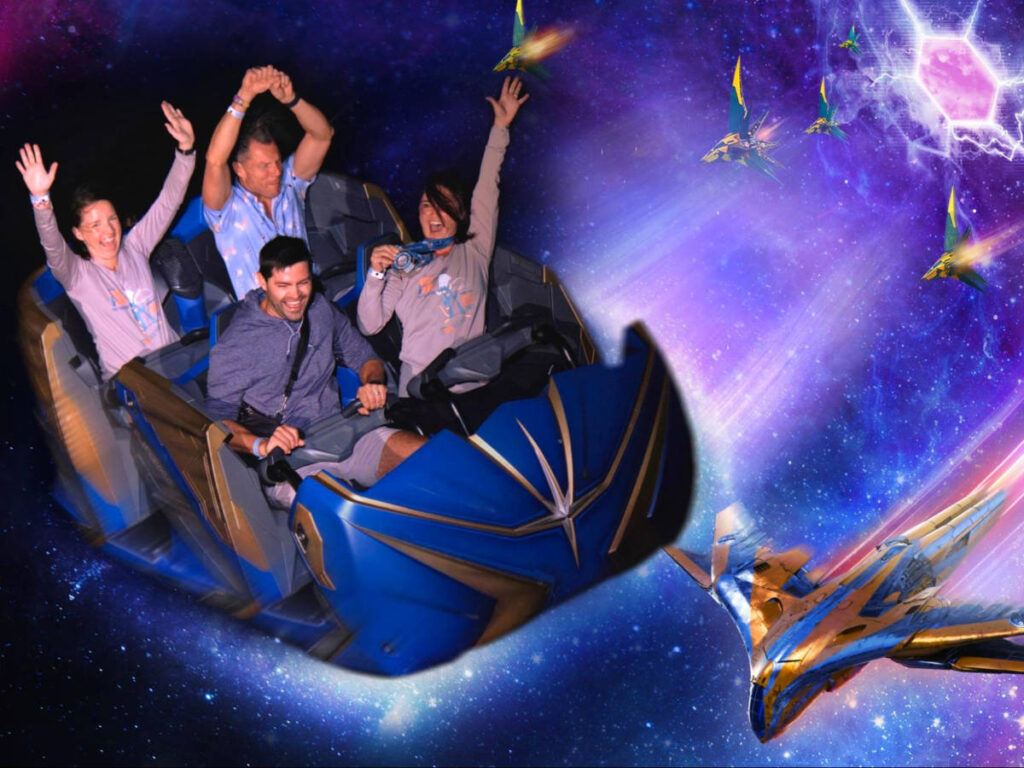 Author Katie and friends having fun at the Guardians of the Galaxy Cosmic Rewind