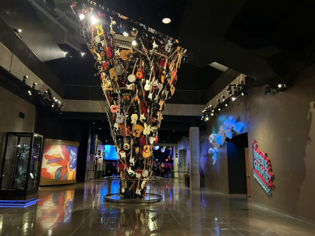 View of the huge sculpture made with guitars in Museum of Pop Culture