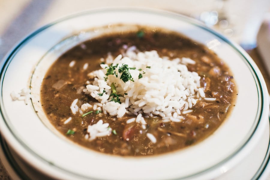 Closeup view of gumbo in a bowl