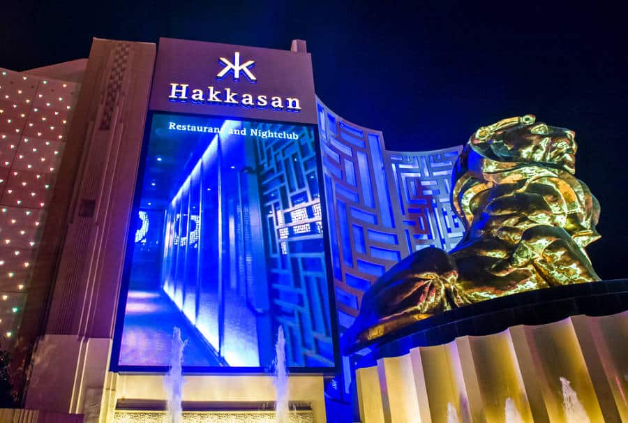 View of the huge lion statue and LED outside Hakkasan Nightclub