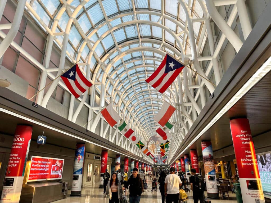 View of the Hall of Flags in Terminal 3 on an international airport in Chicago