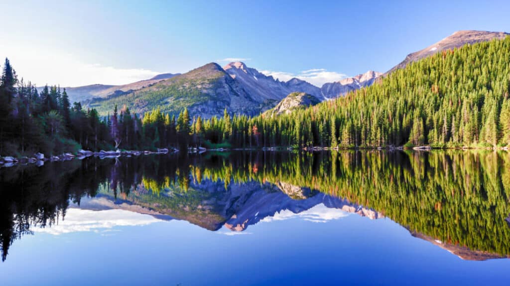 Panoramic view of the Hallett Peak reflecting in Bear Lake