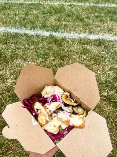 Closeup look of the Halloumi Bowl on a takeaway placed on the lawn