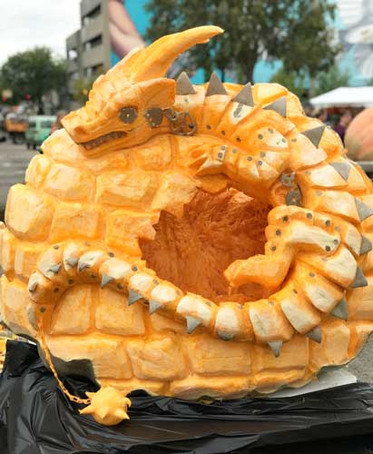 A dragon carved on a pumpkin during the Hamilton Pumpkin Festival