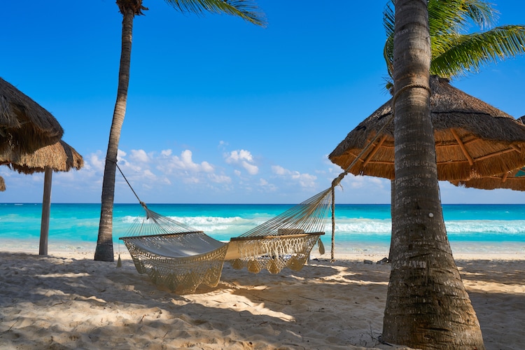 Clear blue sky over a hammock on the beach