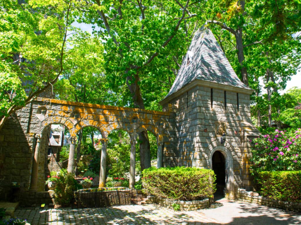 Exterior view of Hammond Castle surrounded by greenery in Quincy