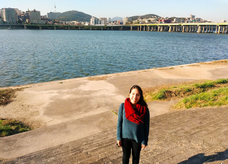 The author and the Han River and Namsan Tower on her backgorund