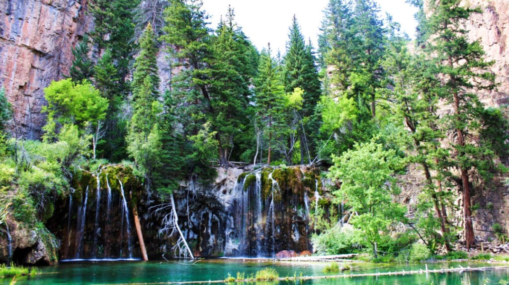 Scenic view of the Hanging Lake surrounded by greenery in Glenwood Springs