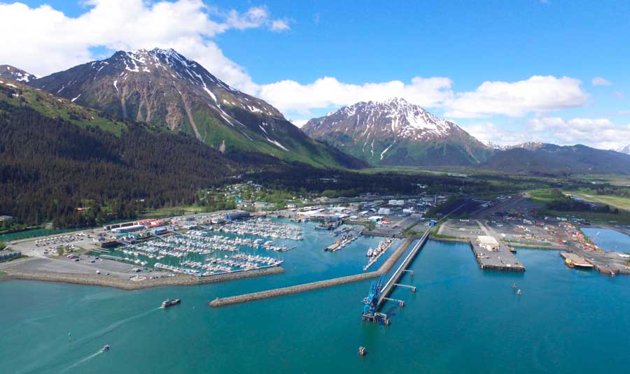 Aerial view of a small boat harbor in Seward