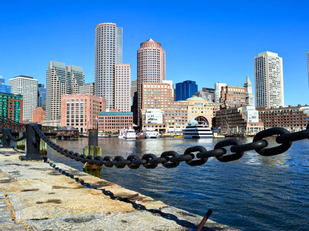 View of the city skyline from the Harborwalk in Seaport
