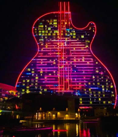 View of the exterior of the Seminole Hard Rock guitar-shaped casino and hotel