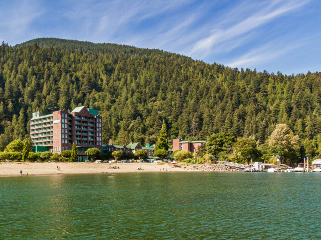 Panoramic view of the Harrison Hot Springs Resort and Harrison Lake with lush mountain views
