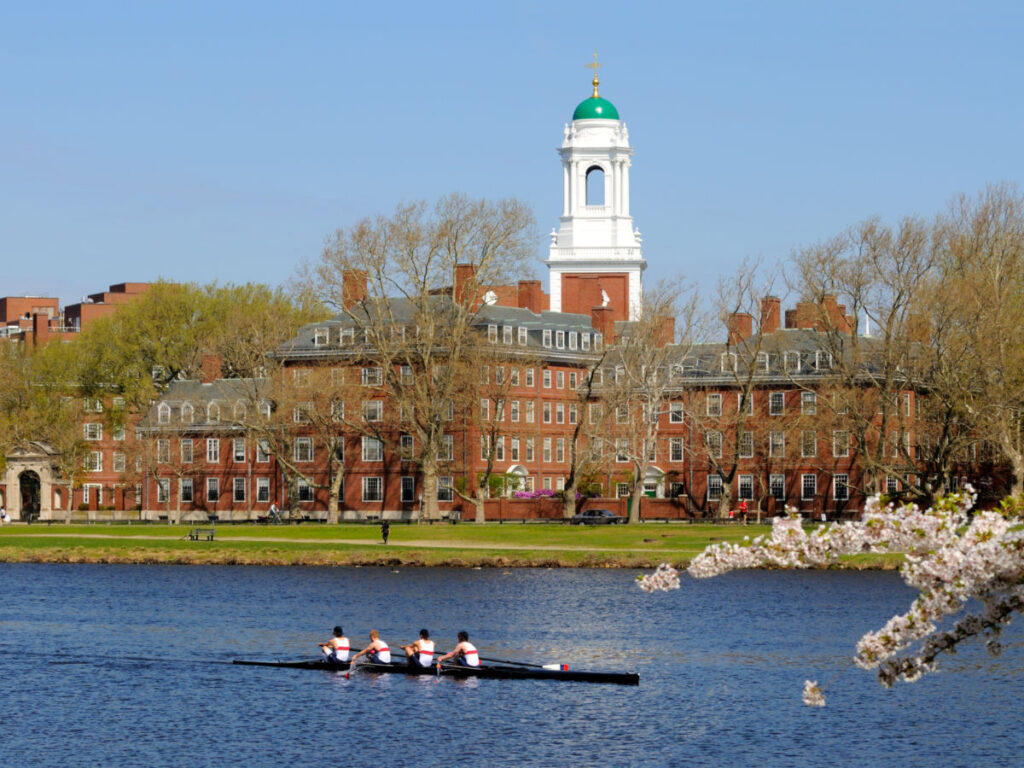 People rowing at the lake near Harvard University in the spring