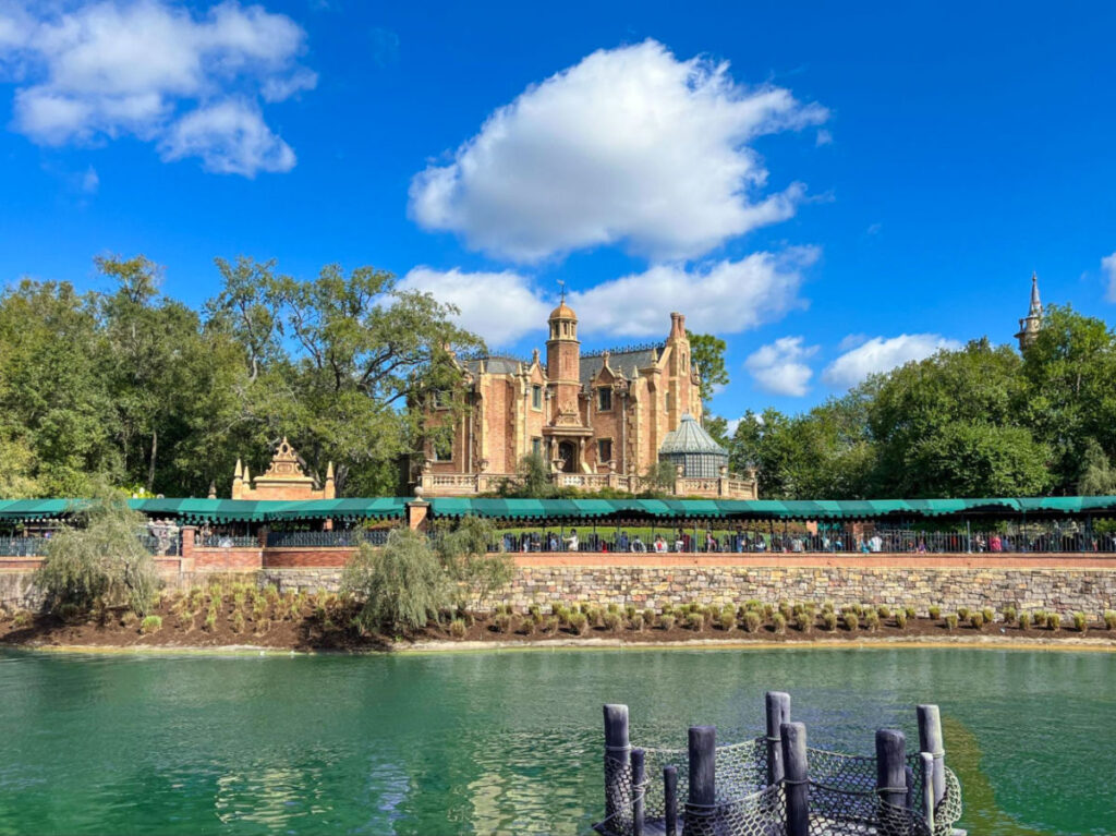 A view of the Haunted Mansion and water below at Magic Kingdom