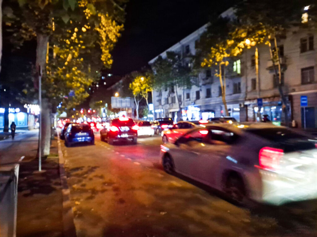 View of the heavy traffic in Tbilisi at night