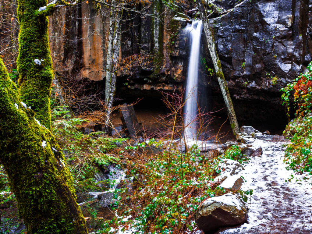 View of the forested falls of Hedge Creek Falls in Winter