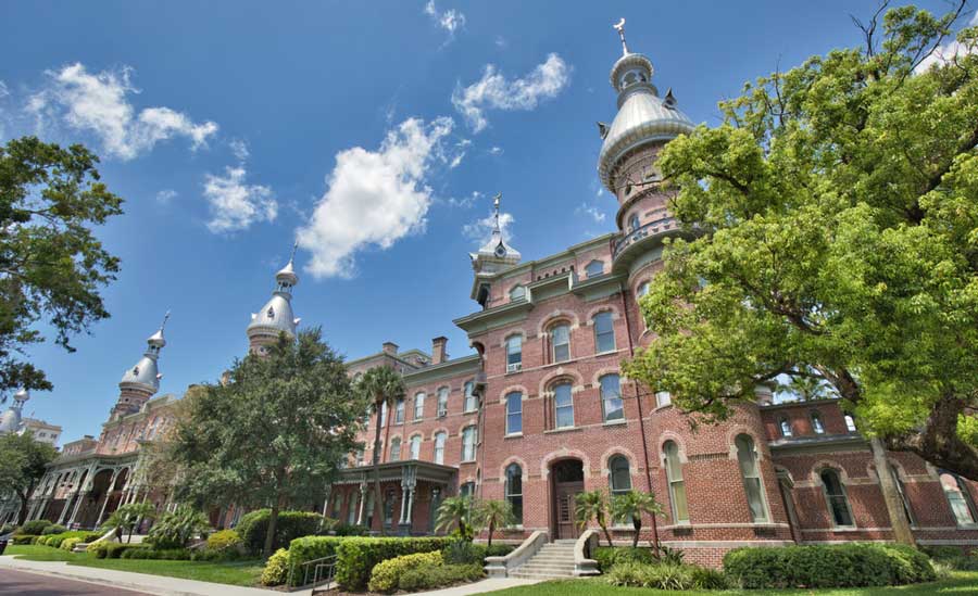 Beautiful landscape and exterior of the historic Plant Hall on the University of Tampa campus