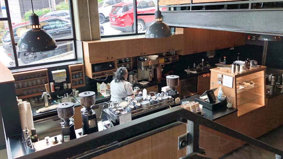 View of the coffee station and counter from above the shop