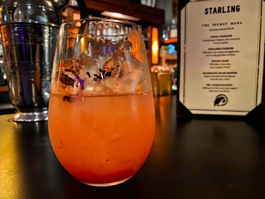 A glass of Hibiscus Paloma drink at Starling