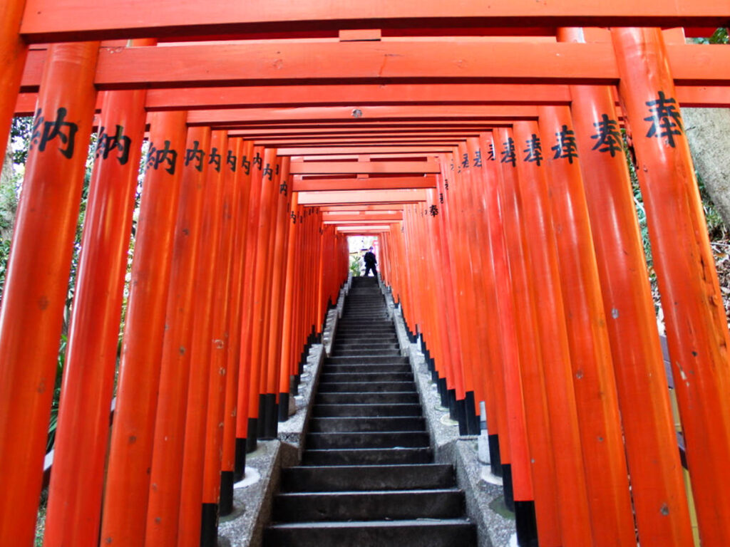 View of the famous red columns at the Hie Shrine in Chiyoda district