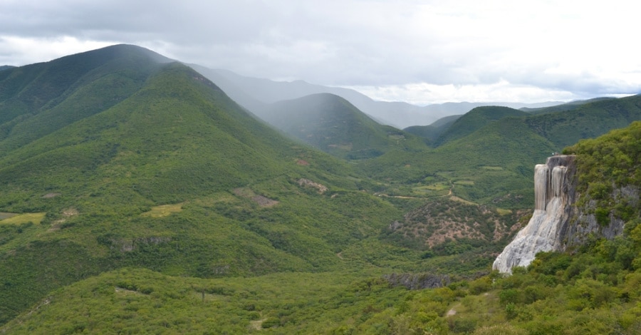 Scenic view of the waterfalls in the green landscape