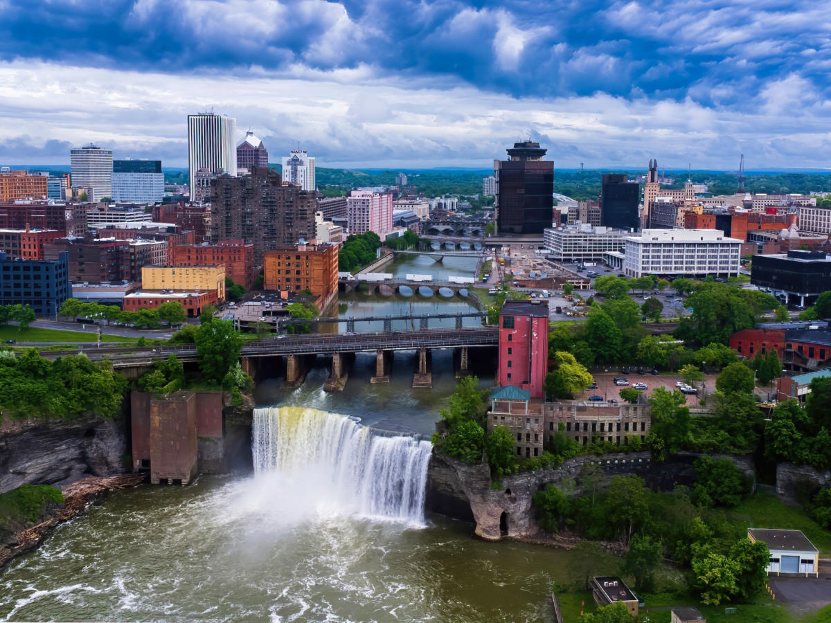 Aerial view of High Falls on a cloudy day