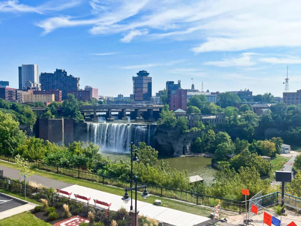 Overlooking view of the High Falls and the city skyline of Rochester
