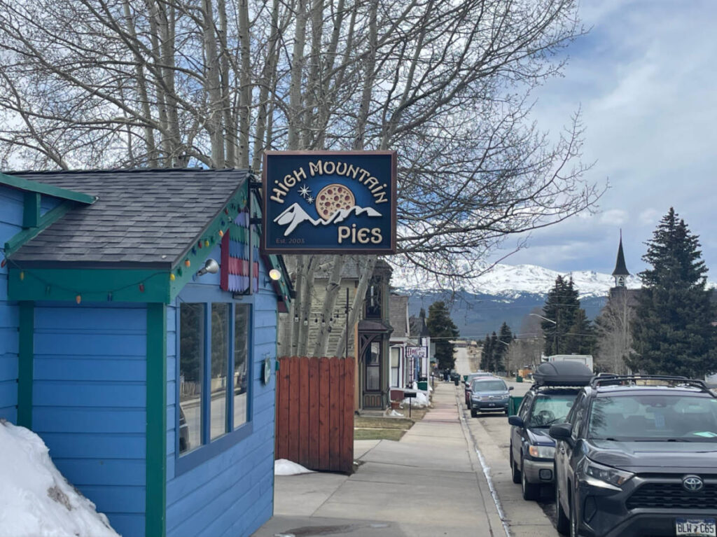 View of the signage and exterior of High Mountain Pies