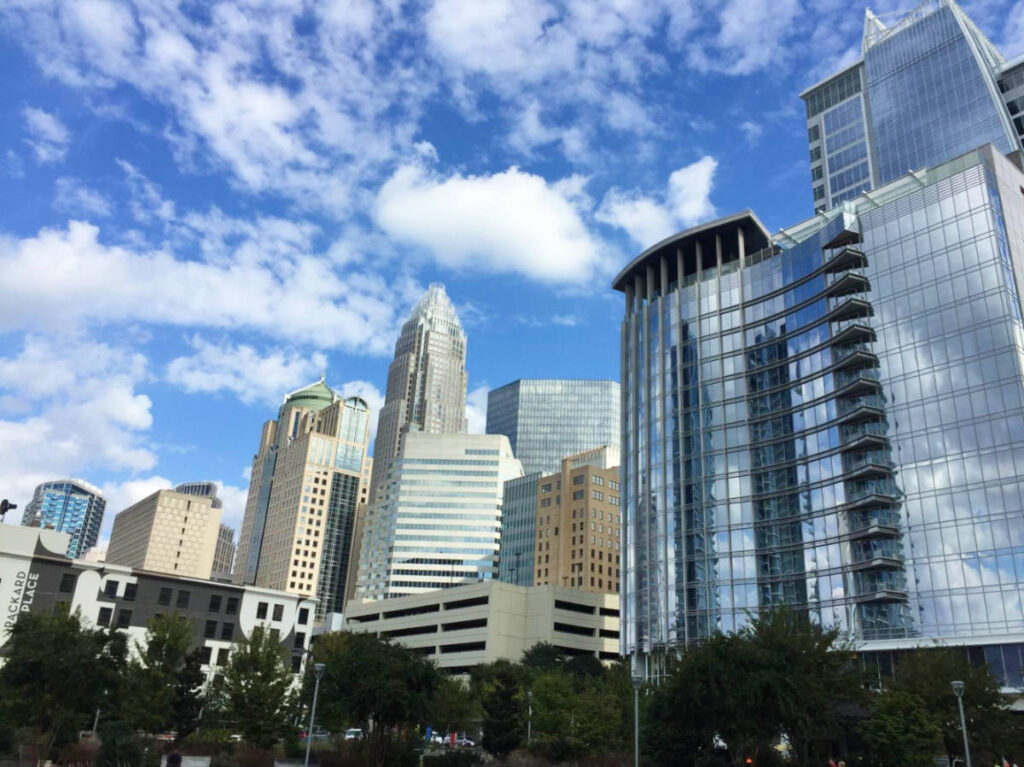 View of the buildings at the Uptown Charlotte seen from the Romare Bearden Park